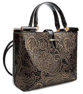 lot 41884 image: Black and Gold Floral Lace Patent Leather Handbag