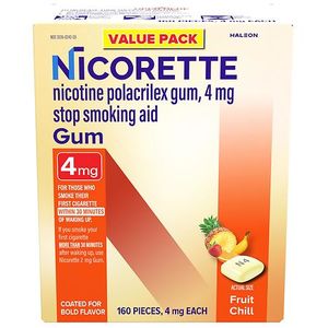 lot 41900 image: Nicorette 4mg Stop Smoking Aid Nicotine Gum - Fruit Chill - 160ct Best By 122028, Must Have an I.D., 21 Years or Older to Buy