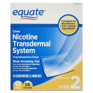lot 41901 image: Equate Nicotine Transdermal System Step 2 Clear Patches  14 mg  14 Count, Must Have an I.D., 21 Years or Older to Buy - Retail $52