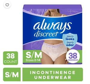 lot 37542 image: Always Discreet Adult Incontinence Underwear for Women and Postpartum Underwear, SM, Up to 100% Bladder Leak Protection, 38 Count