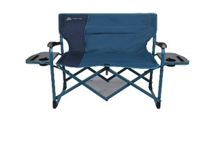 lot 40520 image: Ozark Trail Directors Camping Loveseat with Side Tables, Blue (Bottom of Legs Slightly Bent)