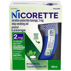 lot 41953 image: Nicorette 2mg Stop Smoking Aid Nicotine Mini Lozenge - Mint - 81ct, Best By 112026