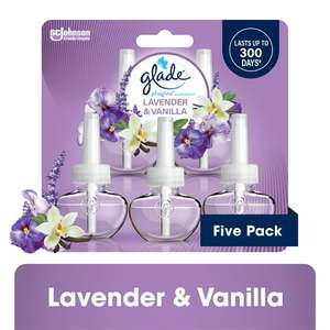 lot 41963 image: Glade PlugIns Scented Oil 5 Refills  Air Freshener  Lavender & Vanilla Fragrance  Essential Oil Infused Wall Plug In  3.35 FL oz  Pack of 5
