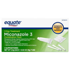 lot 41971 image: Equate Miconazole Nitrate Vaginal Suppositories (200 mg) and Miconazole Nitrate Cream (2%)  Combo Pack, 2 Count, Best by June 2026 - Retail $7