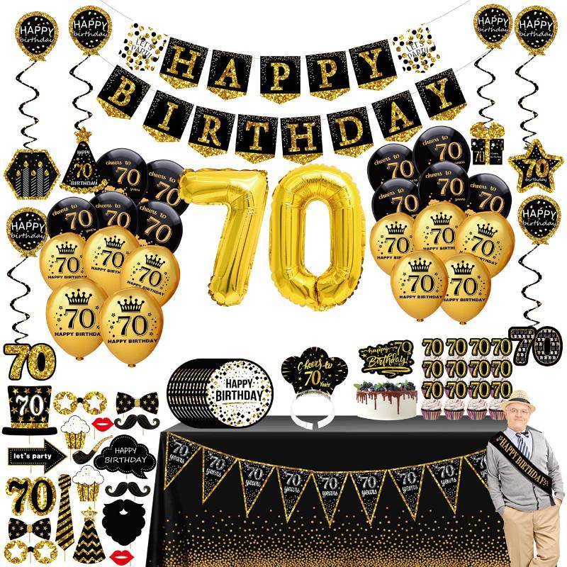 lot 40195 image: 70th birthday decorations - (76pack) black gold party Banner, Pennant, Hanging Swirl, birthday balloons, Tablecloths, cupcake Topper, Crown, plates, Photo Props, Birthday Sash for gifts