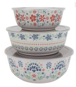 lot 39049 image: The Pioneer Woman Hattie 6-Piece Bamboo Melamine Bowl Set with Lids, Multicolor-The large bowl is missing the lid,