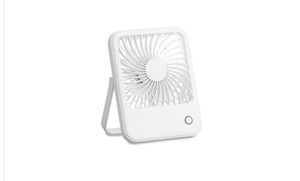 lot 42335 image: Mainstays New 4-inch 3-Speed Portable Rechargeable Foldable Fan with Lighted Power Button White