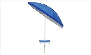 lot 42390 image: Mainstays 7 Ft Round Blue Beach Umbrella UV Protection UPF 50 - Retail $89