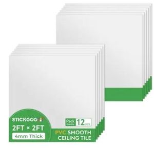 lot 42423 image: STICKGOO 12 Pcs Smooth Drop Ceiling Tiles 2ft x 2ft PVC in White - Retail $112
