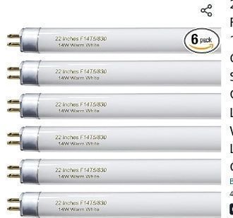 lot 30896 image: Pack of 6 ,T5 22 14W Cool White High Efficiency Fluorescent Bulb (Missing one Bulb)