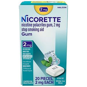 lot 37688 image: Nicorette 2mg Stop Smoking Aid Nicotine Gum - White Ice Mint - 20ct Best By 032028, Must Be 21 Years or Older to Buy