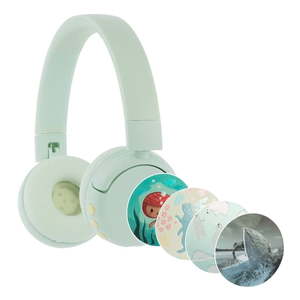 lot 37722 image: BuddyPhones POP Fun  Foldable Bluetooth Kids Headphones with Microphone  SafeAudio Volume Limiting 8594dB Works Wired or Wireless  for iPhoneiPadTabletPC and More by Onanoff (Green)