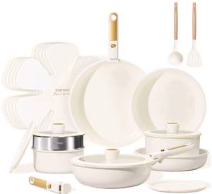 lot 37744 image: Carote 21 Pieces Pots and Pans Set with Detachable Handle, Ceramic Non Stick Non Toxic Kitchen Cookware Set with Induction, OvenDishwasher Safe, Granite, (Missing Silver Lid Part) - Retail $80