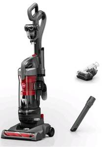 lot 37746 image: Hoover Rewind Pet Bagless Upright Vacuum Cleaner, Pet Friendly, Automatic Cord Rewind, Multi-Surface and Above Floor Cleaning, UH77410V, Gray & Red, Used, Tested Functionality, Works, Broken Lid - Retail $98