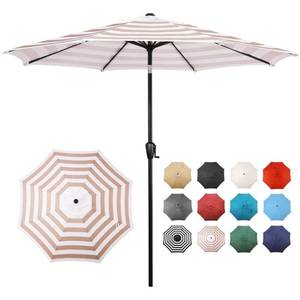 lot 40655 image: Sun-Ray 9 FT Patio Umbrella w Push Button Tilt and Crank Outdoor Umbrella  8 Sturdy Ribs  UV Protection  Solution-Dyed Fabric  Beige and White Stripe