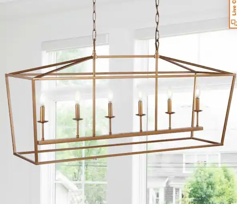 lot 16946 image: JONATHAN YPagoda 49 in. 6-Bulb Antique Gold Farmhouse Lantern Metal LED Pendant - Retail $167