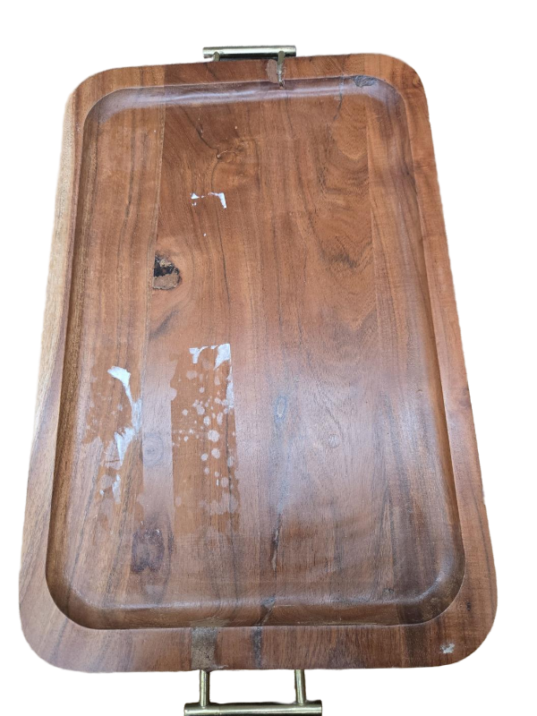 lot 41414 image: Wooden Serving Tray with Metal Handles DAMAGED SEE PICTURES