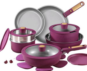 lot 37863 image: Carote 21-Piece Nonstick Pots and Pans Set, Kitchen Cookware Set with Detachable Handle, Induction Compatible, Purple