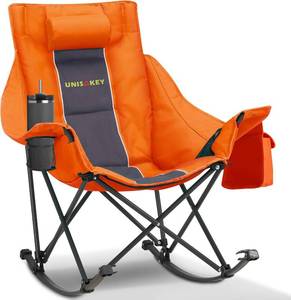 lot 361470 image: Retails for $111 Unisakey Oversized Rocking Camping Chair with Headrest & Cup Holder - 300lbs Capacity, 600D Oxford Fabric, Easy Fold Portable Outdoor Rocker Chair for Camping, Backyard, Beach, Orange