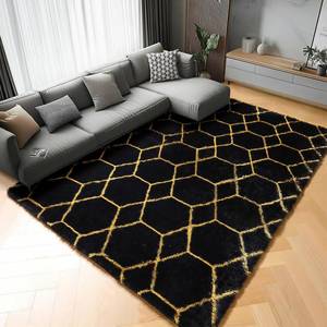 lot 3174 image: 5x8 Rugs for Living Room Bedroom, Fluffy Black and Gold Area Rug, Geometric Boho Soft Plush Shaggy Floor Carpet Mat for Nursery Kids Girls Boys Teen Dorm Home Decor Aesthetic
