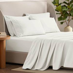 lot 3198 image: Bare Home Hotel Luxury Split King Sheet Set, Extra Soft - 7 Piece Set - Deep Pockets - Easy Fit - Cooling & Breathable - Wrinkle, Fade, Stain Resistant - Includes 4 Pillowcases (Split King, Cream)