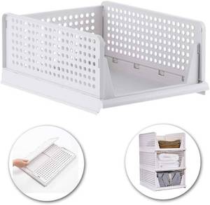 lot 3215 image: 1Pcs Stackable Clothes Storage Basket Organizer Sliding Cabinet Drawer Shelf DIY Divider Separator Desktop Container for Wardrobe Cupboard Kitchen Bathroom Office (White)