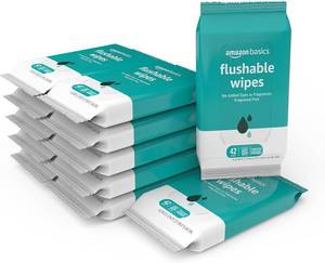 lot 3279 image: Amazon Basics Flushable Adult Toilet Wipes, Fragrance Free, FSC-Certified, Advanced Flushable Technology, 504 Count (12 Packs of 42)