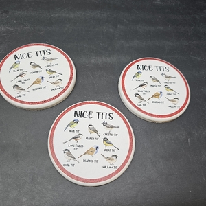 lot 3389 image: Lot of 3, Bird Pun Coasters, Round Funny Coaster Set Coffee Coasters for Bird Lovers Kitchen Decor Housewarming