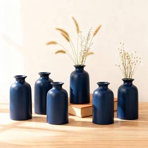 lot 3292 image: Blue Ceramic Bud Vases Set of 6- 5 in Small Vases for Dried Flowers or House Plants, Modern Boho Decorative Vases for Wedding, Home, Table Centerpieces, Mantel or Office Decor