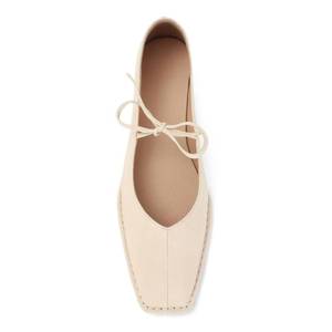 lot 3296 image: XBKXMK Lace Up Ballet Flats for Women Bow Square Toe Mary Jane Flats Cute Slip On Leather Ballerina Flat Shoes Beige 7.5