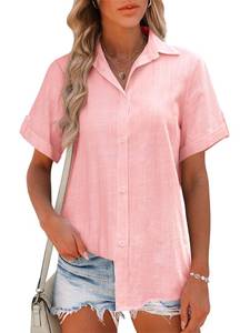lot 3354 image: HOTOUCH Women Summer Button Down Shirt Short Sleeve Cotton Blouses Button Up Tops Beach Vacation Outfits Misty Rose X-Large
