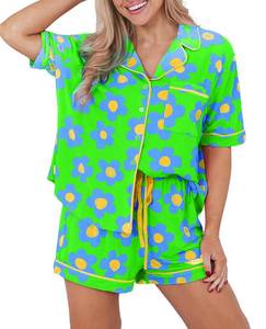 lot 3356 image: KevaMolly Womens Floral Pajama Set 2026 Summer Flower Print Sleepwear with Notch Collar and Drawstring Shorts Grass Green XXL
