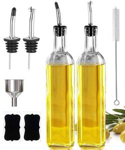 lot 3374 image: Leaflai Olive Oil Dispenser Bottle, 2 Pcs Glass Olive Oil Dispenser and Vinegar Dispenser Set with 2 Stainless Steel Pourers, 4 Labels,1 Brush and 1 Funnel Oil Bottles for Kitchen (500ml)