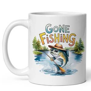 lot 3430 image: Gone Fishing Ceramic Coffee Mug 11oz Retro Cabin Sign Decor Lake House - Tea Coffee Mug with Comfortable Grip - Unique Sport Gift Cup for Office or Home - Vibrant Long-Lasting Print ID44991