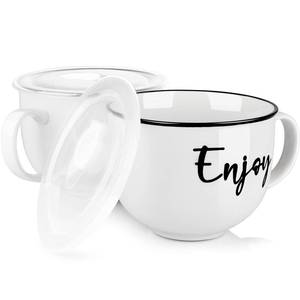 lot 3451 image: DAYYET Soup Mugs with Handles and Vented Lids, 26 oz Microwavable Soup Bowls, Ceramic Mugs Set for Overnight Oats, Cereal, Noodles, Ramen, Pasta, Salad, Oversized Coffee Mugs, Set of 2, White