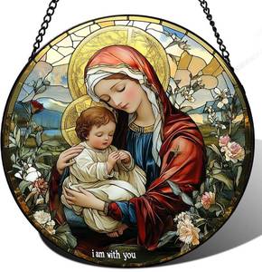 lot 3470 image: Virgin Mary and Baby Jesus Stained Glass Suncatcher - 7.9 Real Glass Catholic Window Hanging with I Am with You, Weatherproof Classical Religious Decor, Sympathy Gift for Mom Women