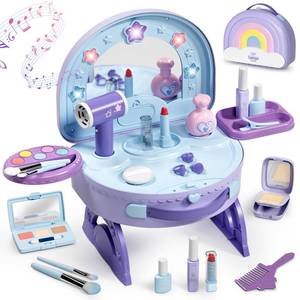 lot 3481 image: Lehoo Castle Toddler Vanity with Makeup Set, Portable Makeup Vanity for Girls with Lights Music Electric Hairdryer, Pretend Play Princess Toys for Dress Up, Birthday Gifts for 3 4 5 Years Old Girls