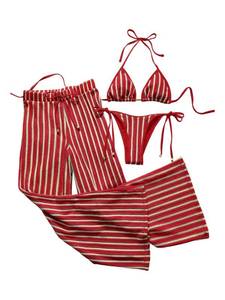 lot 3520 image: Verdusa Womens 3 Piece Cheeky Striped Crochet Bikini Set Halter Tie Side Swimsuits with Cover Up Pants 2026 Red Small