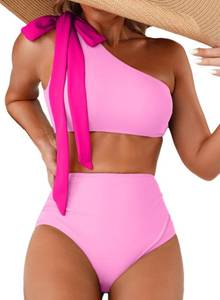 lot 3528 image: Herseas Womens Pink Bikini Sets 2 Piece One Knot Shoulder Cutout Plus Size Swimsuit Ruching Bottoms High Waisted Teen Solid Stretchy Bathing Suit Vintage Holiday Outfits XX-Large