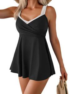 lot 3529 image: Aidonger Womens One Piece Swimdress Swimsuit Tummy Control Full Coverage for Large Bust Bathing Suit Black White