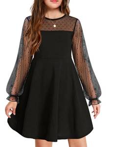 lot 3532 image: Arshiner Girls Contrast Mesh Puff Long Sleeve High Waist A Line Black Short Dress with Pockets 9-10 Years