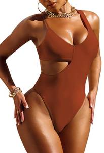 lot 3533 image: Pink Queen Womens Cutout One Piece Swimsuit High Cut Tummy Control Bathing Suit Monokini Swimwear Brown S