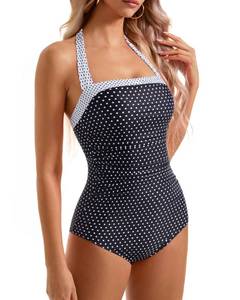 lot 3554 image: SUUKSESS Women Sexy Tummy Control One Piece Swimsuits Halter Slimming Retro Monokini Bathing Suits Color Block Swimwear(Black White Polka Dots,L)