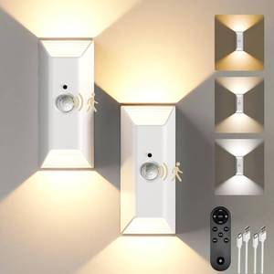 lot 3583 image: EZVALO Motion Sensor Wall Lights, 4000mAh Rechargeable Battery Operated Wall Sconces Set of 2, 3 Color Temps, Dimmable, Wireless Magnetic Night Light with Remote, Timer, for Stair, Hallway, Bathroom