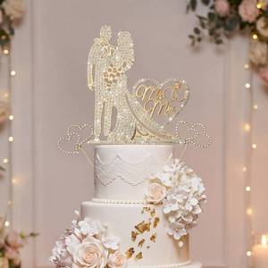 lot 3590 image: 3 Pack Wedding Cake Topper Mr and Mrs, Rhinestone Bride and Groom Cake Topper Gold, Crystal Diamond Wedding Decoration for Engagement, Anniversary, Bridal Shower