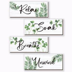 lot 3593 image: 4 Pcs Farmhouse Bathroom Wall Decors Relax Soak Unwind Breathe Wooden Word Sign Green Hanging Wall Art Rustic Office Wall Decor for Bedroom Living Room Vintage Decorations(Green Leaves 10X4 Inch)