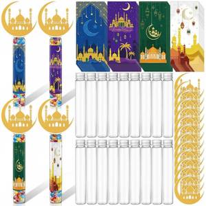 lot 3630 image: Yiyiring 96 Pcs EidRamadan Party Favors Gifts Eid Mubarak Candy Tubes with Ramadan Stickers Moon Shaped Cards Plastic Candy Servers Containers for Islamic Muslim Party Supplies Decorations
