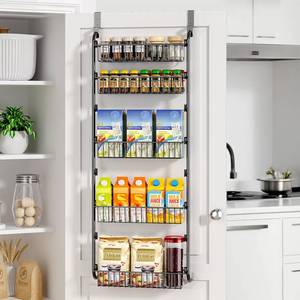lot 3638 image: Delamu Over The Door Pantry Organizer, 5-Tier Pantry Door Organizers and Storage with Adjustable Basket, Metal Hanging Spice Rack, Seasoning Organizer, Door Organizer for Home Kitchen Bathroom, Black