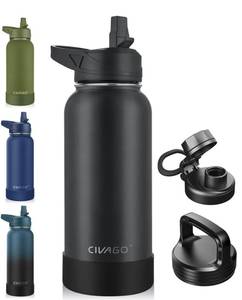 lot 3641 image: CIVAGO 32 oz Insulated Water Bottle With Straw, Stainless Steel Sports Water Cup Flask with 3 Lids (Straw, Spout and Handle Lid), Wide Mouth Travel Thermal Mug, Black