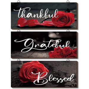 lot 3681 image: Hillban 3 Pieces Rose Wooden Wall Decor Rose Bathroom Decor Thankful Grateful Blessed Accessories Inspirational Wall Art Signs for Living Room Kitchen Wedding(10 x 4 Inch,Red)